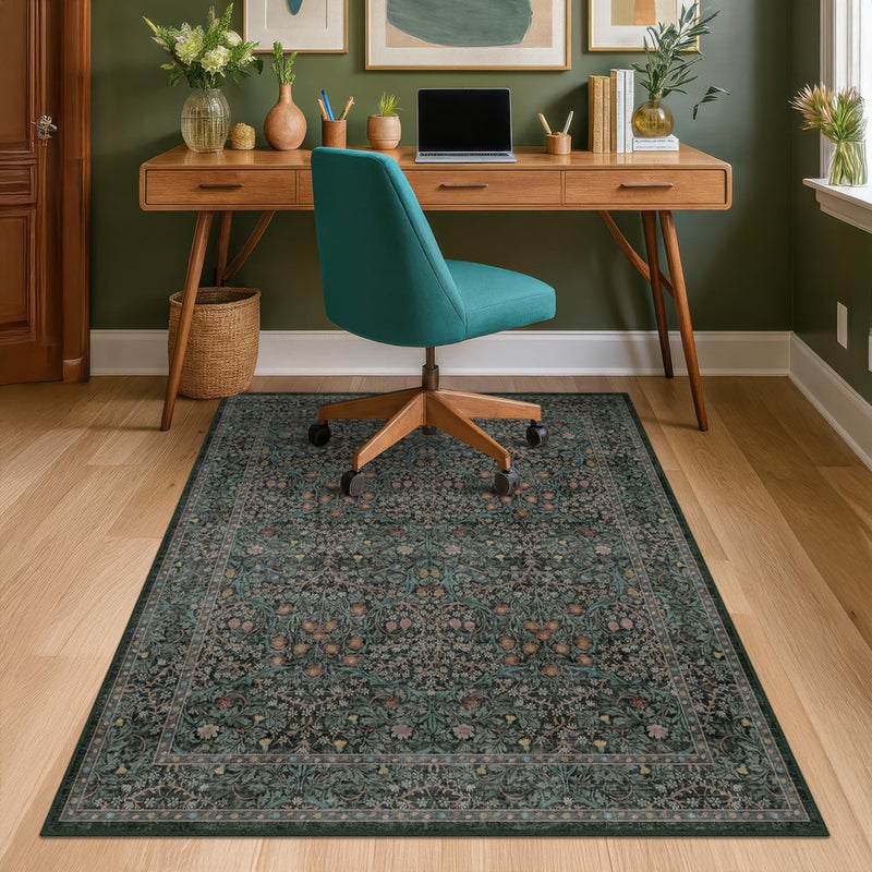JTJ Vintage Floral Dark Green Office Chair Mat for Hardwood & Tile Floor, 3x4 Non-Slip Ultra Soft Low Pile Under Desk Rug, Floor Protector for Heavy Duty Office Chair, Stain Resistant, Easy to Clean - Image 3