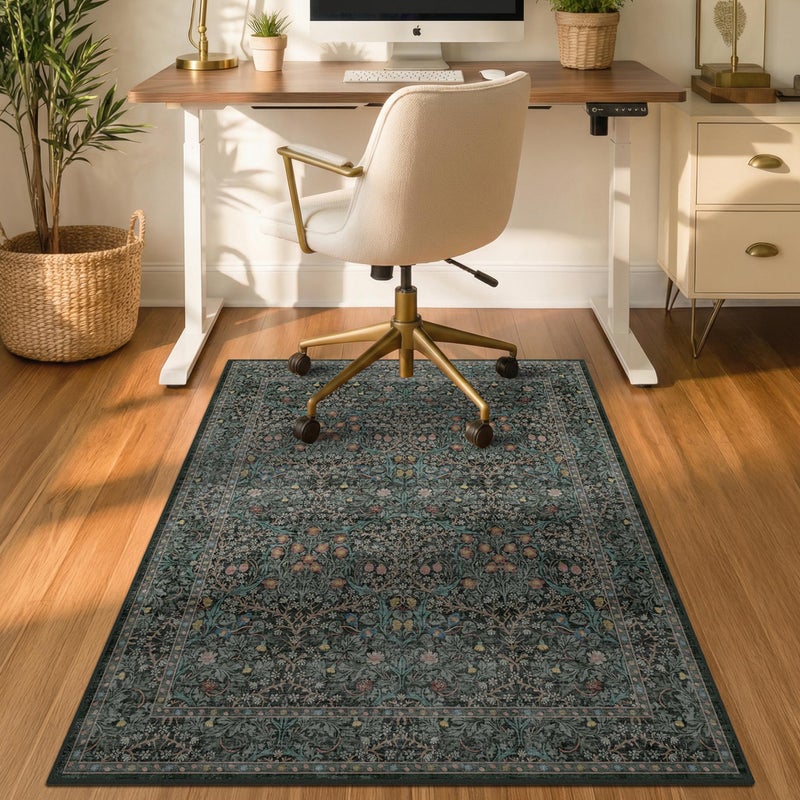 JTJ Vintage Floral Dark Green Office Chair Mat for Hardwood & Tile Floor, 3x4 Non-Slip Ultra Soft Low Pile Under Desk Rug, Floor Protector for Heavy Duty Office Chair, Stain Resistant, Easy to Clean - Image 1