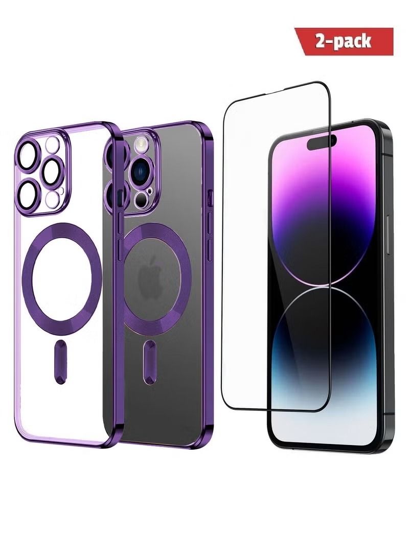 Zaboon 2Pack for iPhone 14 Pro Max Magsafe Case and Screen Protector Clear Electroplating Frame Wireless Charging Cover with Tempered Glass Purple/Clear - Image 1