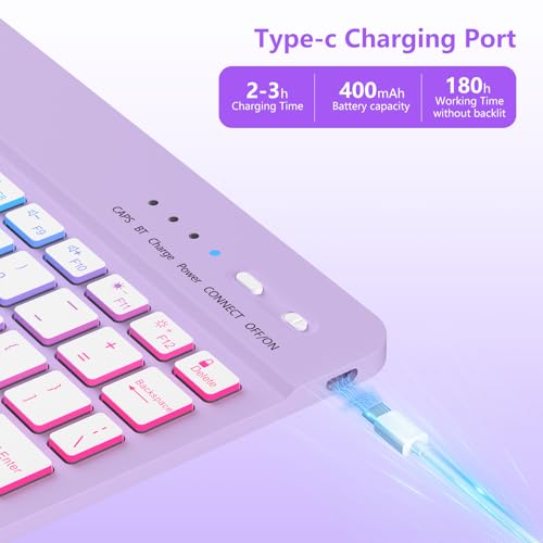MMK for iPad A16 Case with Keyboard (2025), 7 Color Backlight | Removable keypad with Pencil Holder | 360 Degree | Rotating for iPad 10th Generation Case with Keyboard, Purple - Image 5