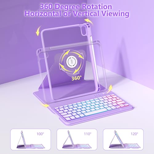 MMK for iPad A16 Case with Keyboard (2025), 7 Color Backlight | Removable keypad with Pencil Holder | 360 Degree | Rotating for iPad 10th Generation Case with Keyboard, Purple - Image 3