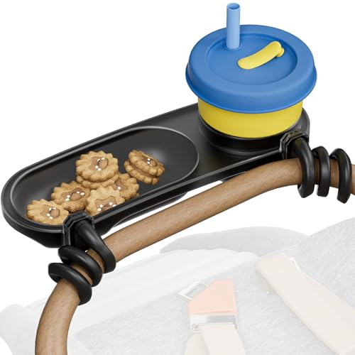 Boffinby Universal Snack Tray for Stroller, Cup Holder Tray with Flexible Silicone Arm Gripper, Stays in Place Tray Attachment for Toddler & Kids, Snacking On The Go, Stroller Travel Accessories, Universal Fit - Image 1