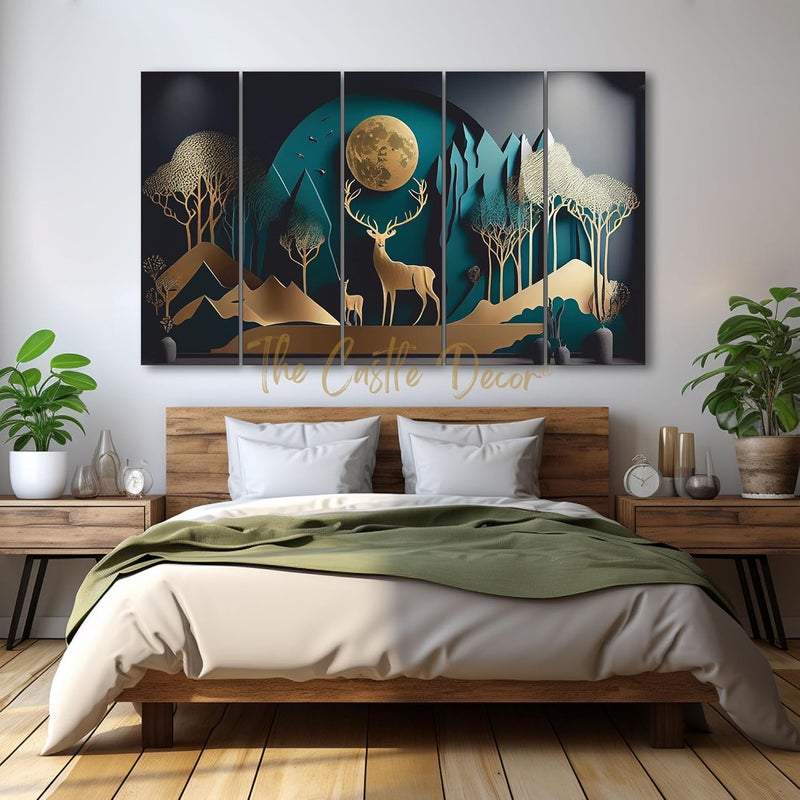 The Castle Decor Golden Deer Wall Painting for Living Room Big Size Deer Wall Painting for Bedroom Office Drawing Room Hotel Elegant Wall Decor Art for Home Decoration Gifting 27x48 inch