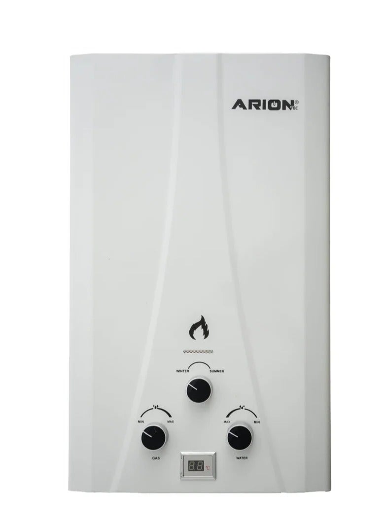 أريون سخان مياه غاز طبيعي ديجيتال 10 لتر مع محول طاقة (أدابتور)، موديل AR-10FX – مياه ساخنة فورية، أنظمة أمان متطورة، إشعال ذاتي وشاشة عرض رقمية (أبيض) - Image 1