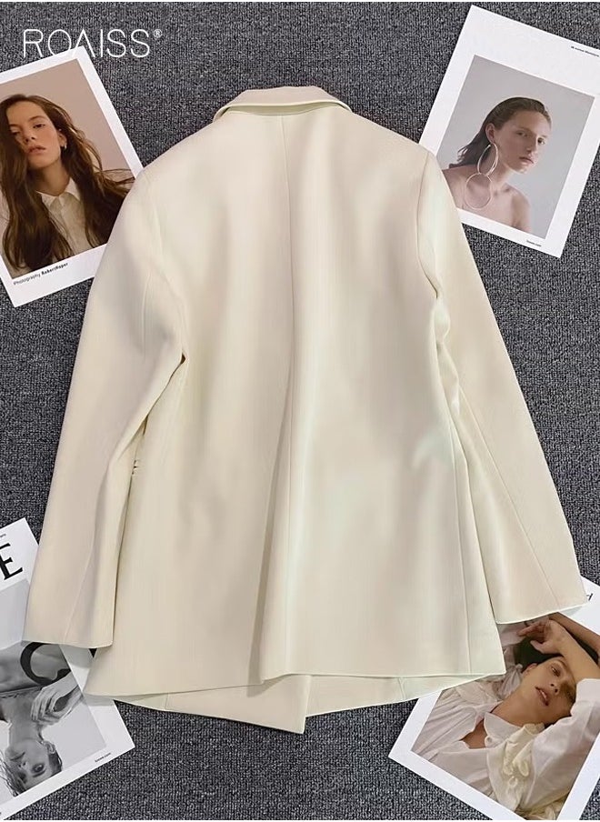 roaiss Women's Casual Business Blazer Fashion Casual Solid Color Office Coat Classic Lapel Button Open Placket Coat  - Image 4