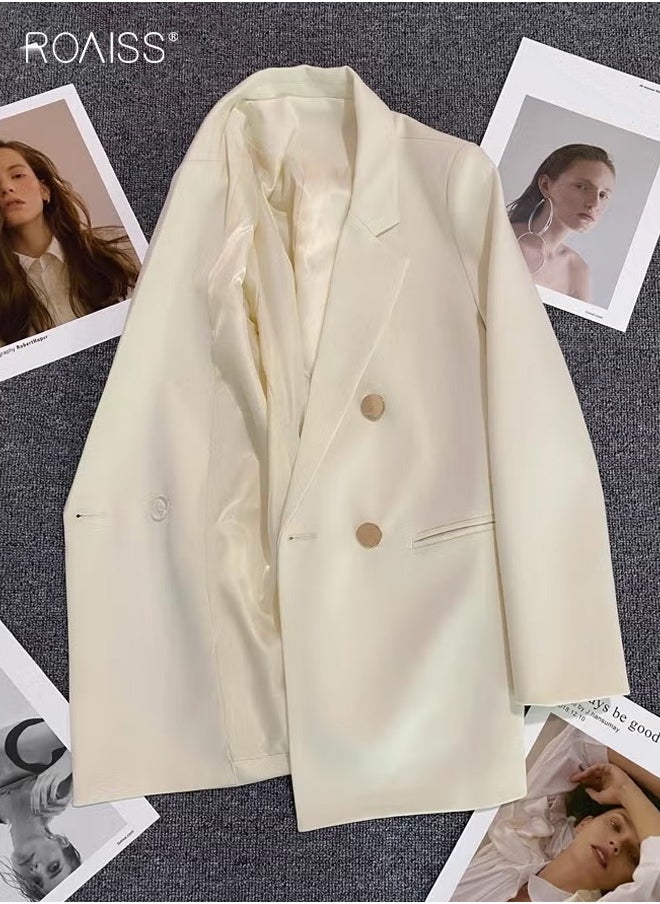 roaiss Women's Casual Business Blazer Fashion Casual Solid Color Office Coat Classic Lapel Button Open Placket Coat  - Image 3