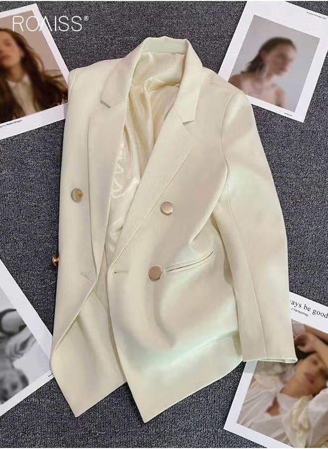 roaiss Women's Casual Business Blazer Fashion Casual Solid Color Office Coat Classic Lapel Button Open Placket Coat  - Image 2