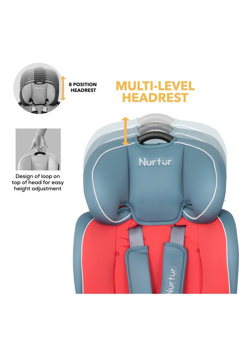 Nurtur All-in-one Ragnar Convertible Car Seat, ultra-slim design with Rear-Facing, Forward-Facing, and Belt-Positioning Booster (Group 1/2/3), Upto 36kg - Grey / Red
