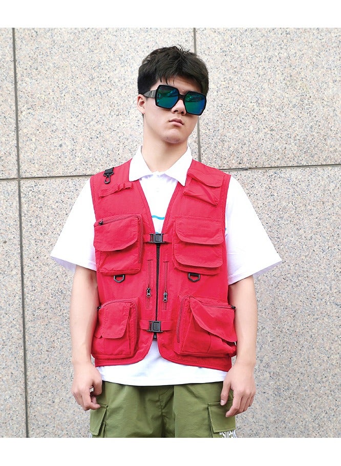 NIBEMINENT Outdoor Multi Pockets Fishing Photography Vest Summer Mesh Jackets Quick Dry Waistcoat Red - Image 3