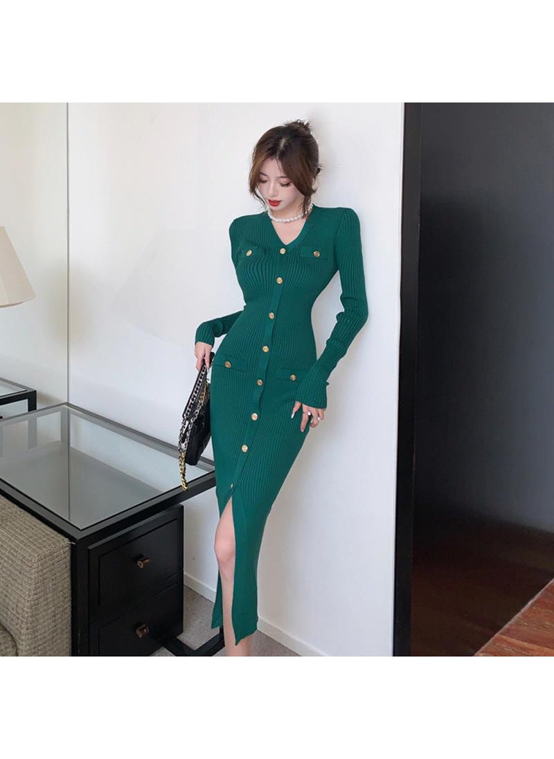Generic Greenknit Long Slimming Dress Top Coat Base Layer Womens Elegant Socialite Style 2022 New Autumn/Winter Fashion Trend Forest Green  - Image 1