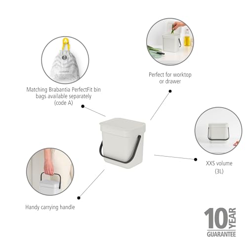 Brabantia Sort & Go Food Trash Can (0.8 Gal/Light Gray) Small Countertop Kitchen Compost Caddy with Handle & Removable Lid, Easy Clean - Image 2