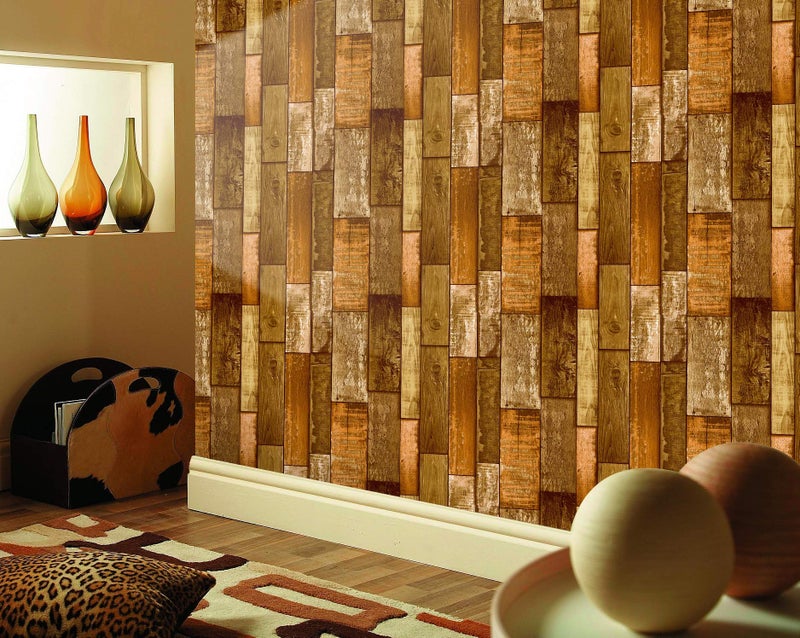 Eurotex Wood Design Wallpaper for Covering Living Room, Bedroom Walls (PVC, Size 21" inch X 33ft, Roll- 57sqft, Dark Multi Color Wooden Stripes) - Image 2