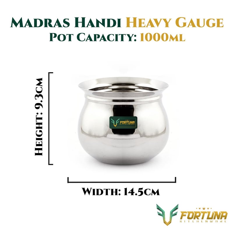 Fortuna Kitchenware, 1000ml, 20 Gauge Stainless Steel Dahi Handi/Curd Pot with Lid | Stainless Steel Handi for Kitchen (1 Litre) - Image 3