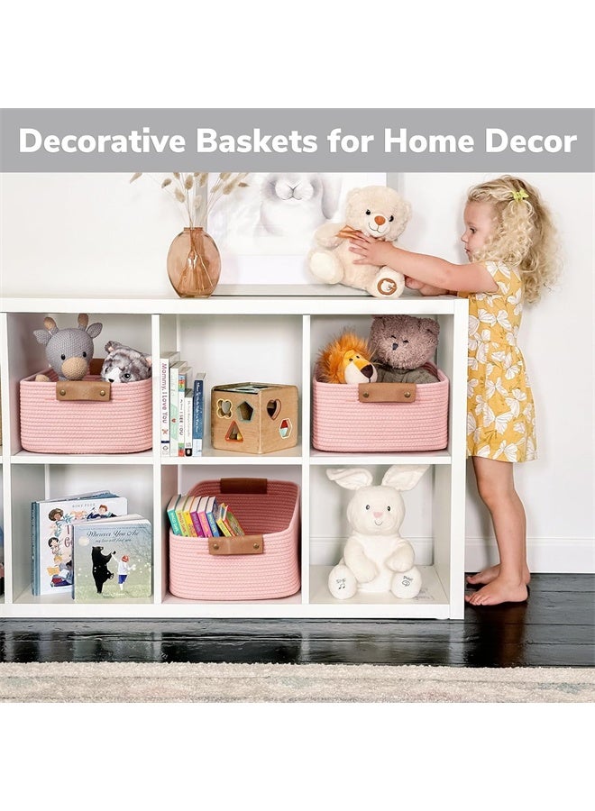 HOMESTAR Rectangle Cotton Rope Woven Basket with Handles, for Books, Magazines, Toys, Decorative Rectangle Basket for Baby Nursery, Living Room, Bathroom, Pink - Image 2