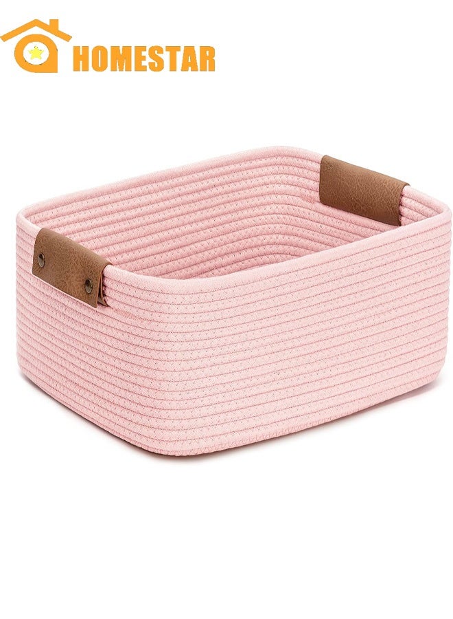HOMESTAR Rectangle Cotton Rope Woven Basket with Handles, for Books, Magazines, Toys, Decorative Rectangle Basket for Baby Nursery, Living Room, Bathroom, Pink - Image 1