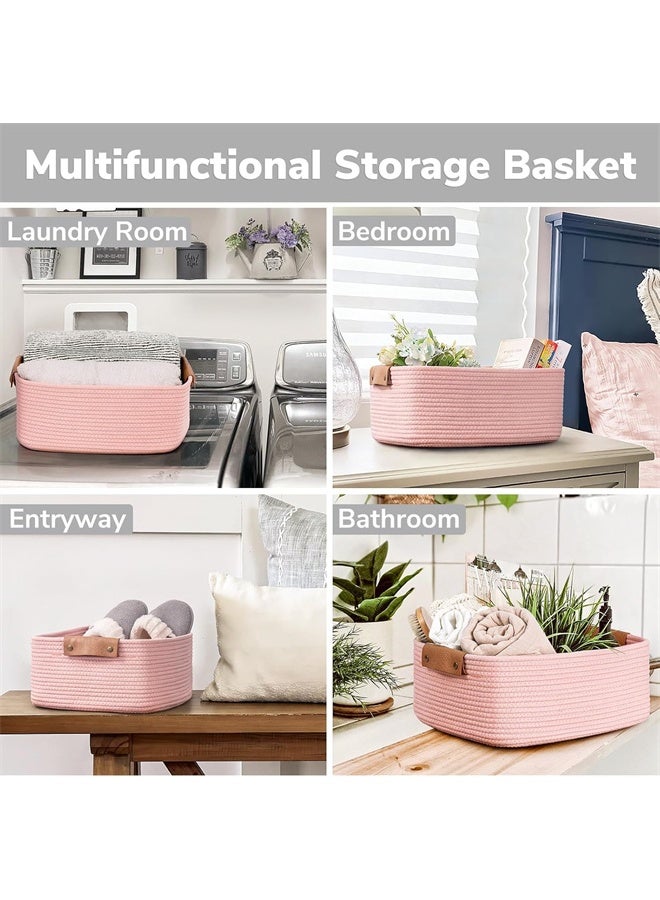 HOMESTAR Rectangle Cotton Rope Woven Basket with Handles, for Books, Magazines, Toys, Decorative Rectangle Basket for Baby Nursery, Living Room, Bathroom, Pink - Image 5