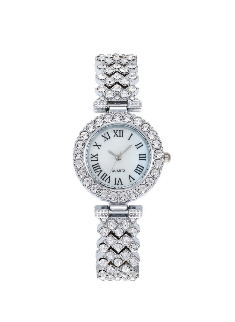 Generic Fashionable Roman Pattern Diamond Ladies Watch Student Quartz Watch Bracelet Watch (Silver)  - Image 1