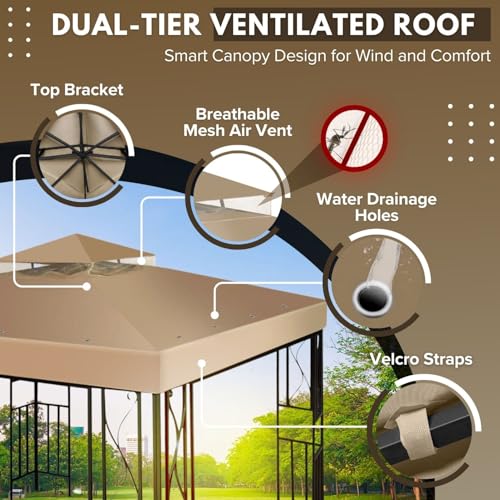 Flexzion Gazebo Cover Replacement Canopy Top 10x10 Ft (3m x 3m) - Double Tier Top Canopy Cover Replacement with UV30+, Dirt, Water Resistant for Outdoor, Sunshade, Garden, Patio, Pavilion (Beige) - Image 5