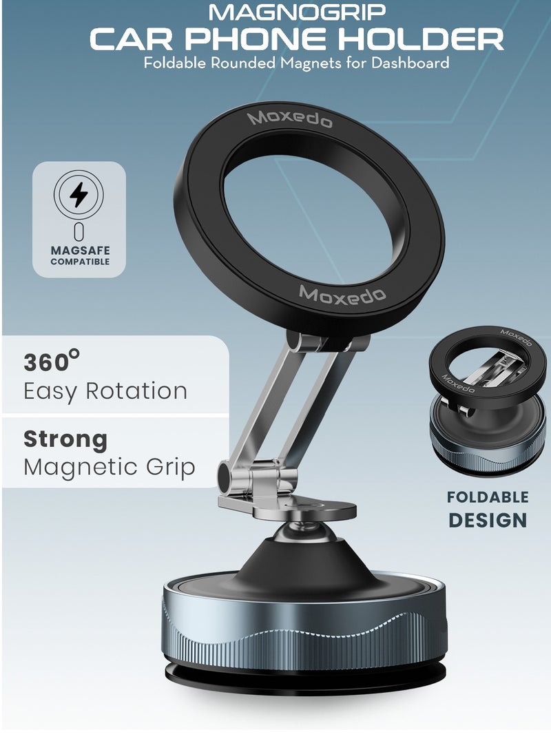 Moxedo Magnogrip Car Phone Holder Foldable Rounded Magnets for Dashboard with Vacuum Suction Cup 360° Base Rotation with Metal Plate Compatible for All Smartphone - Image 2