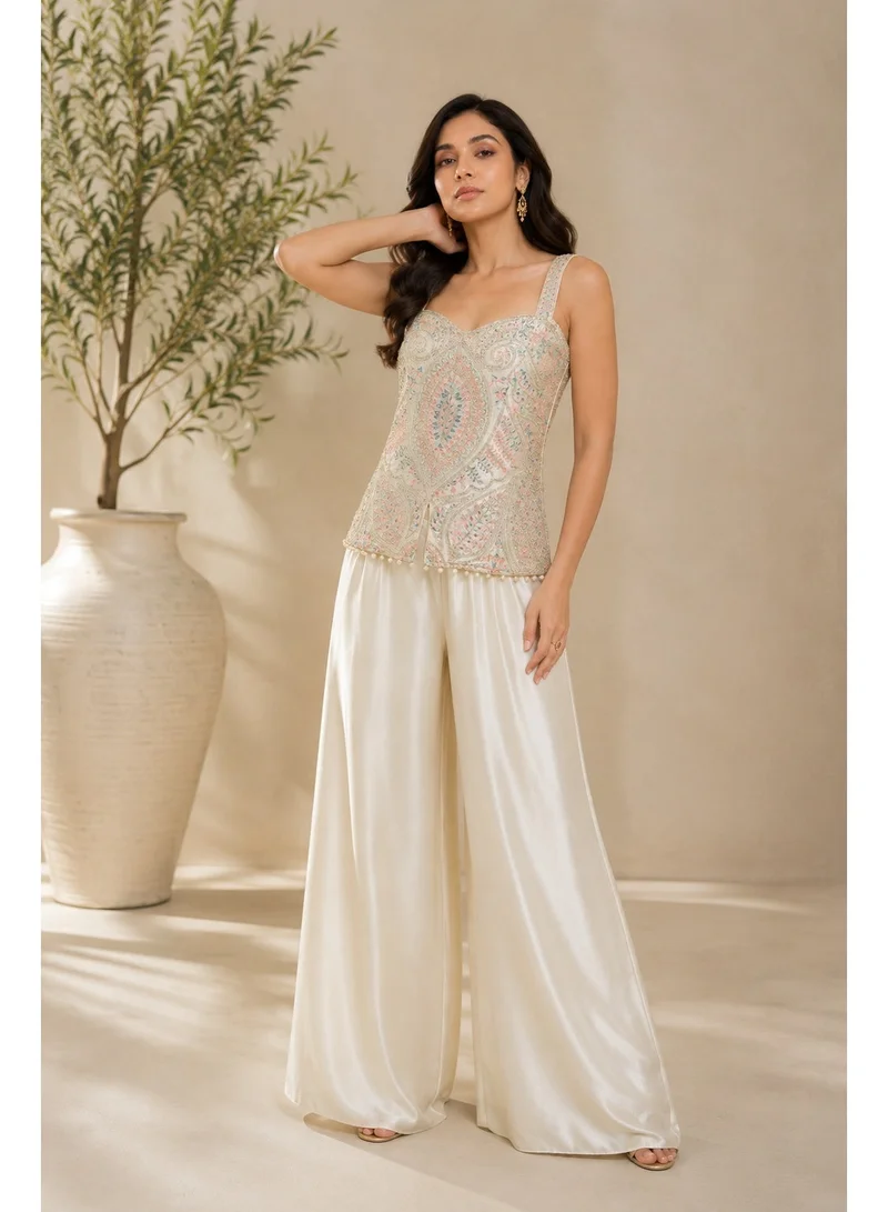 Lehar Ivory Embellished Bustier Top with Wide-Leg Palazzo Pants & Dupatta Set