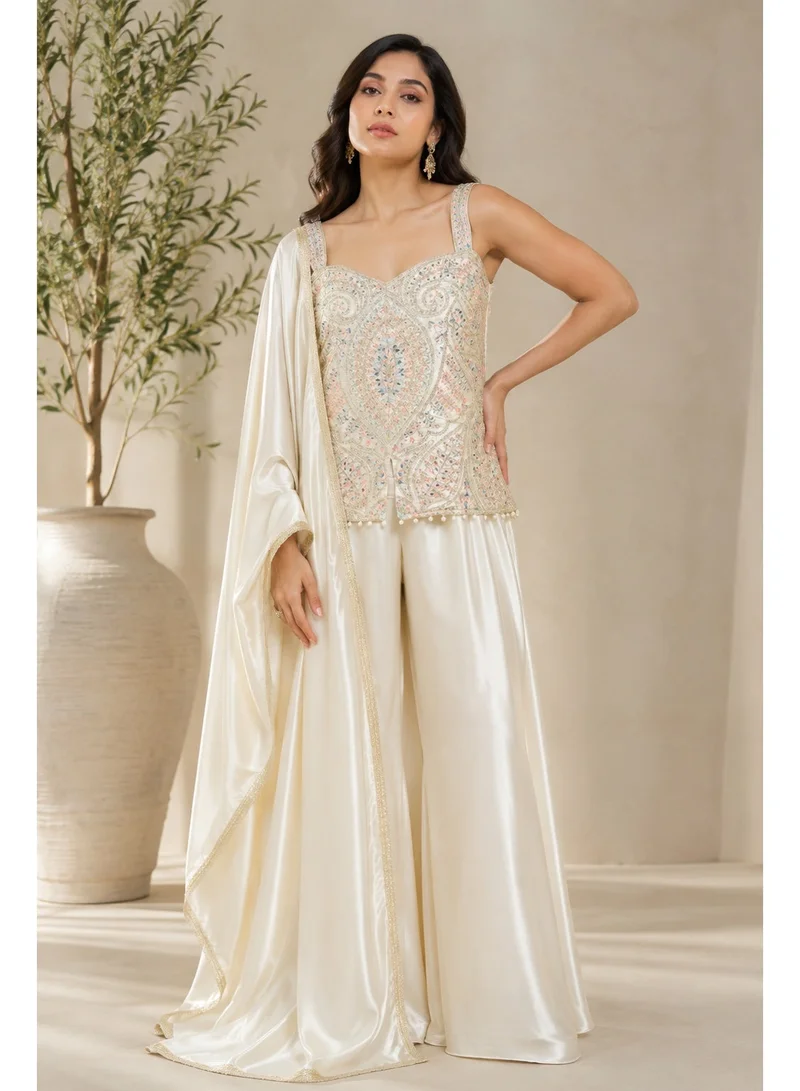 Lehar Ivory Embellished Bustier Top with Wide-Leg Palazzo Pants & Dupatta Set