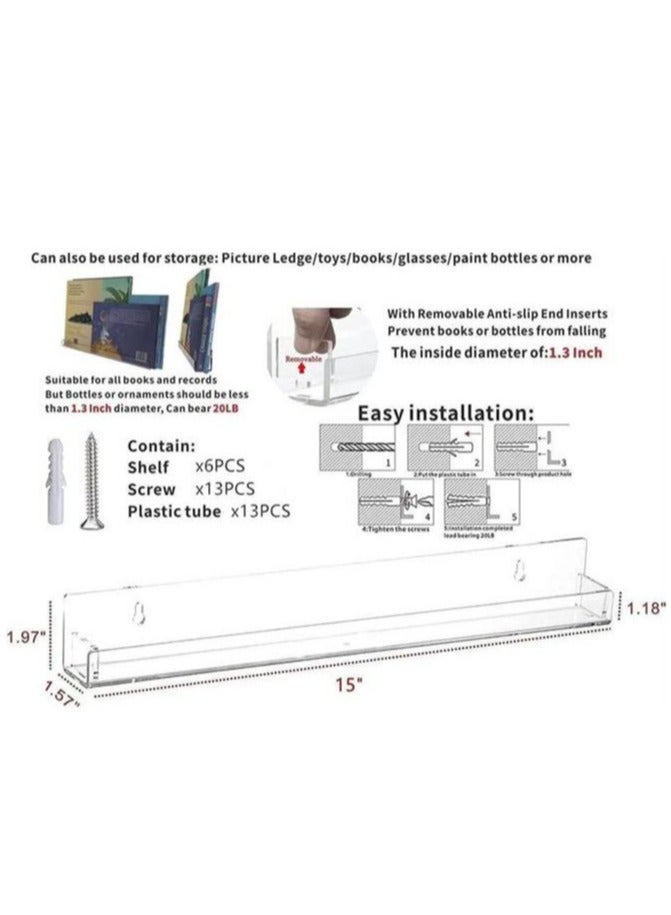 general 15 Inch Invisible Acrylic Floating Wall Ledge Shelf,Wall Mounted Nursery Kids Bookshelf, Invisible Spice Rack, Clear 5MM Thick Bathroom Storage Shelves Display Organizer,Transparent (6 Pack) - Image 2