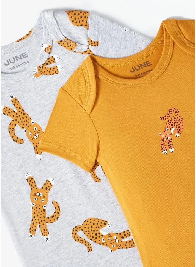 JUNE June Baby Envelope Neck 2-Pack Tiger Printed Long Sleeve Bodysuit Grey - Mustard