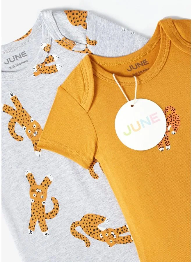 JUNE June Baby Envelope Neck 2-Pack Tiger Printed Long Sleeve Bodysuit Grey - Mustard