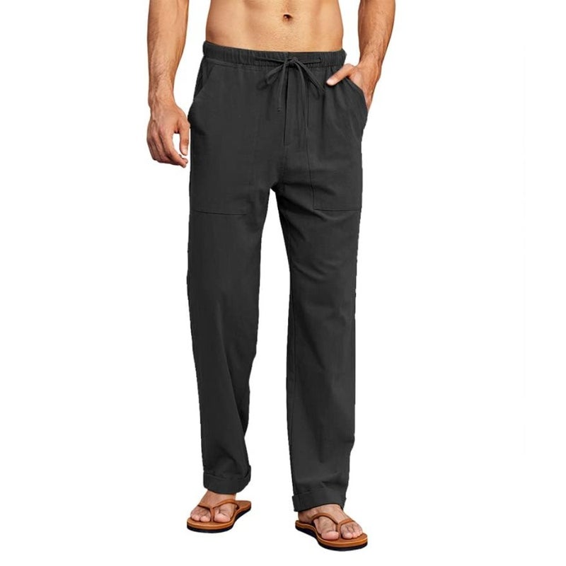 Runcati Mens Casual Linen Pants Loose Fit Elastic Drawstring Waist Straight-Legs Summer Yoga Beach Long Pants - Image 2