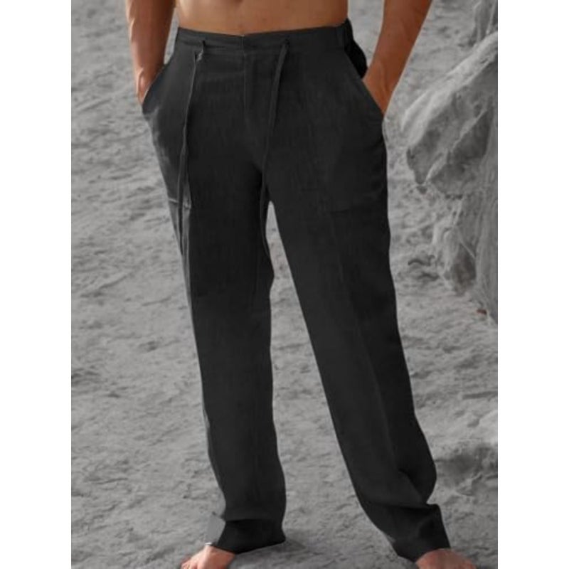 Runcati Mens Casual Linen Pants Loose Fit Elastic Drawstring Waist Straight-Legs Summer Yoga Beach Long Pants - Image 3