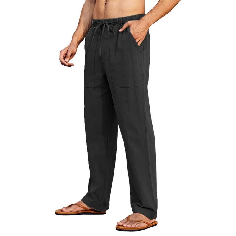 Runcati Mens Casual Linen Pants Loose Fit Elastic Drawstring Waist Straight-Legs Summer Yoga Beach Long Pants - Image 4