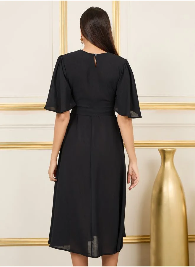 Styli Embroidered Keyhole Neck A-Line Midi Dress