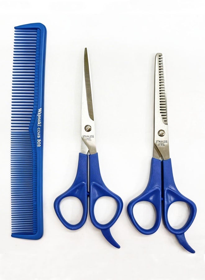 3 Pack Hair Scissors for all Hair Types, Hair Cutting Scissors & Thinning Shear Set with Comb Set, Suitable for Hairdressers, Barbers, Professionals, Personal Use - Blue - Image 1