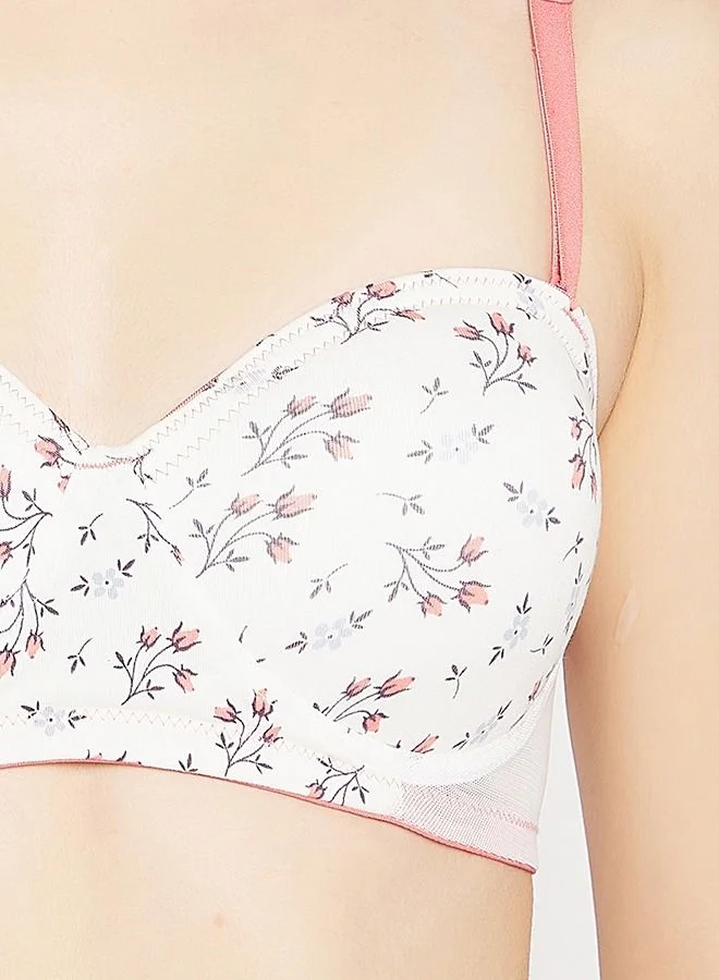 Clovia Clovia Padded Non-Wired Demi Cup Floral Print Strapless T-shirt Bra in White with Balconette Style