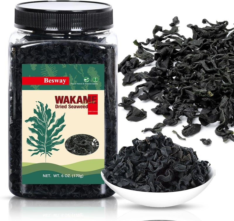 Besway طحالب واكامي المجففة من بيسواي 6 أونصات - 100% طبيعية، خالية من الكائنات المعدلة وراثيًا، خالية من الغلوتين للحساء والسلطات والطهي الصحي - Image 1