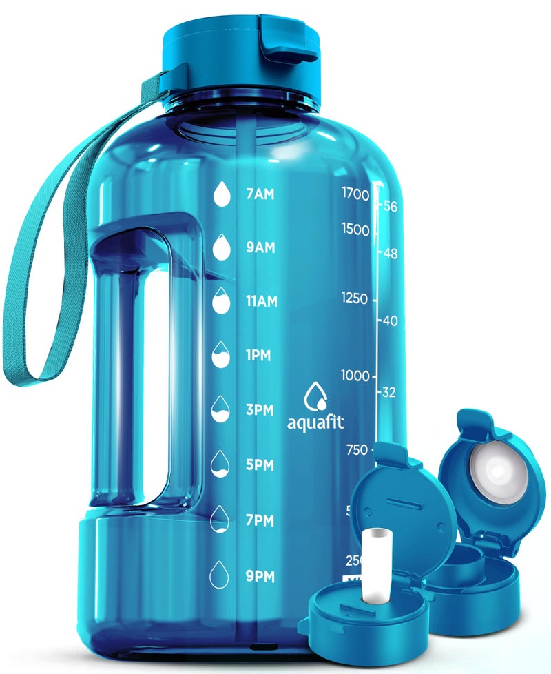 AQUAFIT 64 oz Water Bottle with Time Marker - Straw & Chug Lid - BPA Free Half Gallon Gym Water Bottle with Handle - Big Gallon Jug (Aqua, 64 Ounces) - Image 1