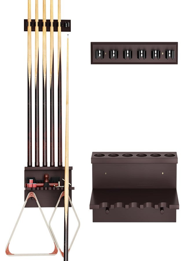 Bambition Wall Mount Pool Stick Holder, Bamboo Billiards Cue wall Rack for 6 Cues and Pool Table Accessories Storage Equipment Organizer, Dark Brown - Image 1