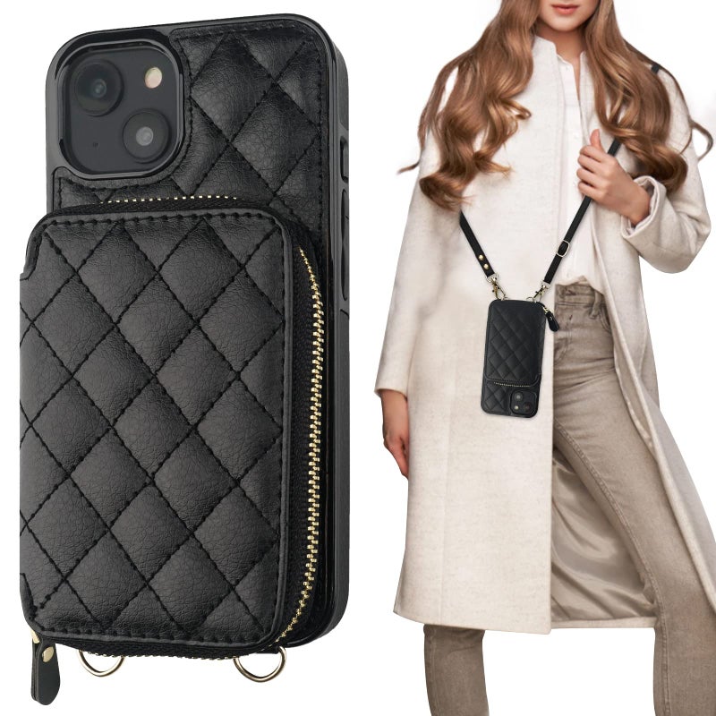 Bocasal Crossbody Wallet Case for iPhone 14, RFID Blocking PU Leather Zipper Handbag Purse Flip Cover, Kickstand Folio Case with Card Slots Holder Wrist Strap Lanyard 5G 6.1 Inch (Black) - Image 1