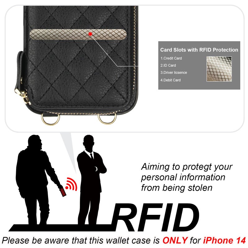 Bocasal Crossbody Wallet Case for iPhone 14, RFID Blocking PU Leather Zipper Handbag Purse Flip Cover, Kickstand Folio Case with Card Slots Holder Wrist Strap Lanyard 5G 6.1 Inch (Black) - Image 3