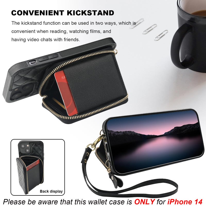 Bocasal Crossbody Wallet Case for iPhone 14, RFID Blocking PU Leather Zipper Handbag Purse Flip Cover, Kickstand Folio Case with Card Slots Holder Wrist Strap Lanyard 5G 6.1 Inch (Black) - Image 5