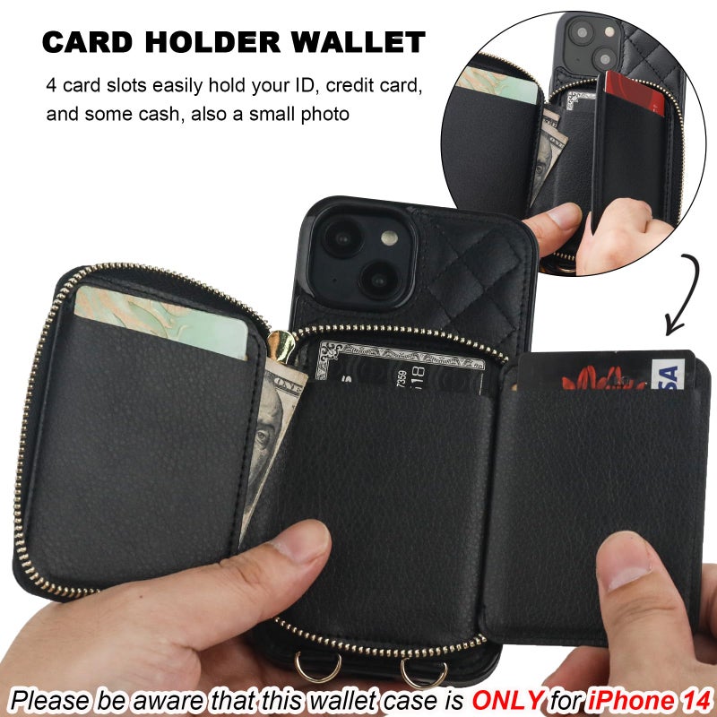 Bocasal Crossbody Wallet Case for iPhone 14, RFID Blocking PU Leather Zipper Handbag Purse Flip Cover, Kickstand Folio Case with Card Slots Holder Wrist Strap Lanyard 5G 6.1 Inch (Black) - Image 4