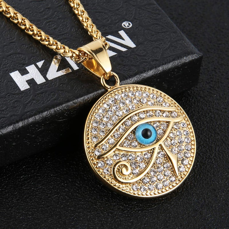 HZMAN 18k Gold Plated Iced Out Eye of Horus Egypt Protection Dog Tag Pendant Stainless Steel Necklace (Eye of Ra) - Image 1