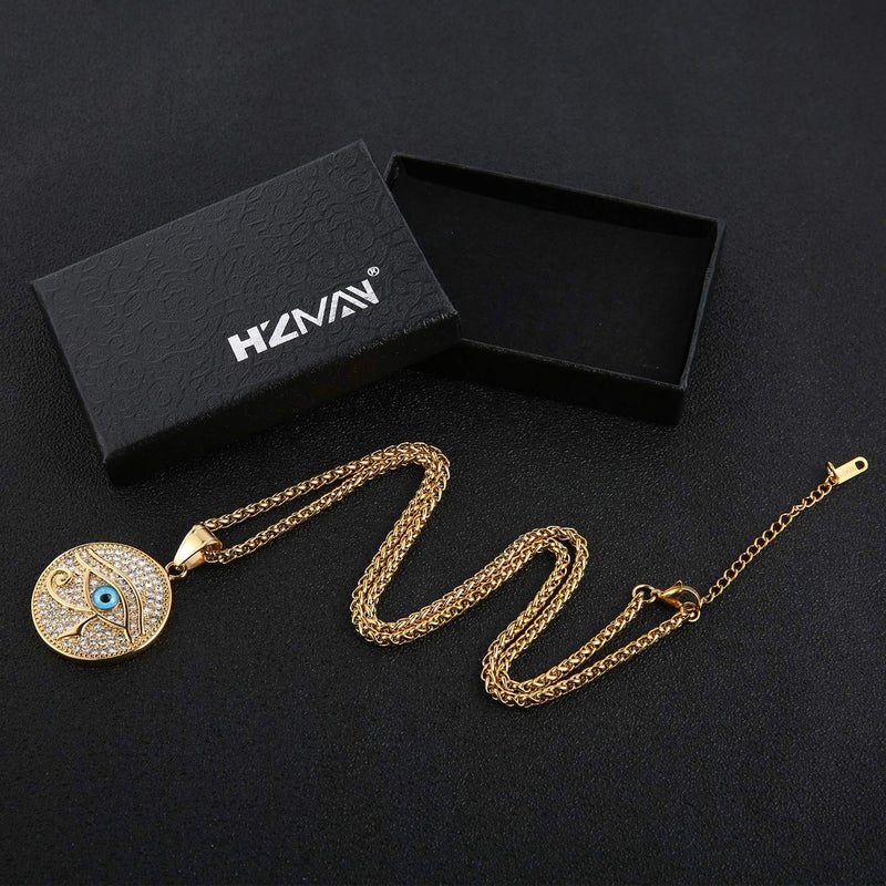 HZMAN 18k Gold Plated Iced Out Eye of Horus Egypt Protection Dog Tag Pendant Stainless Steel Necklace (Eye of Ra) - Image 3