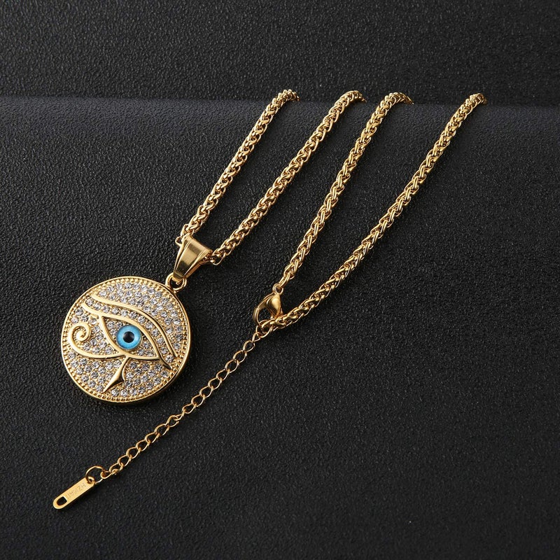 HZMAN 18k Gold Plated Iced Out Eye of Horus Egypt Protection Dog Tag Pendant Stainless Steel Necklace (Eye of Ra) - Image 2