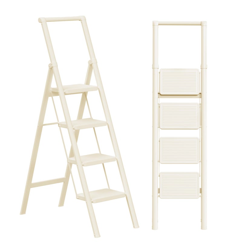 GameGem 4 Step Ladder Folding Step Stool Stepladders with AntiSlip and Wide Pedal for Home and Kitchen Use Space Saving White