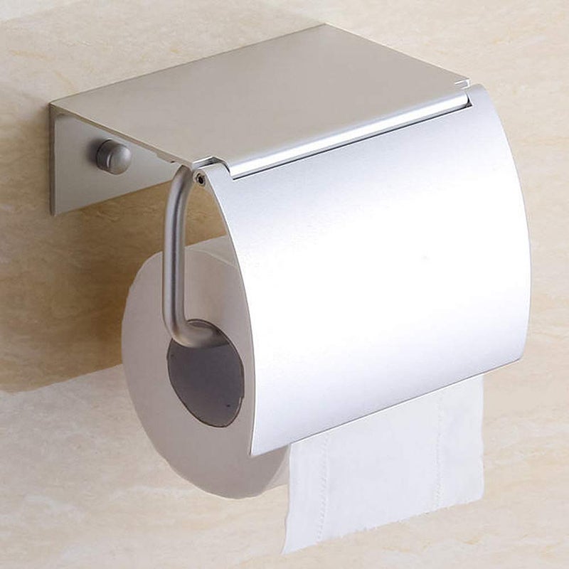 AYADA Toilet Paper Holder Wall Mounted with Phone Shelf Tray for Bathroom Restroom HotelAluminum TP Holder Wall Mount with Cover Lid Metal Modern Rust Free Universal Tissue fit Mega Roll Matte Silver