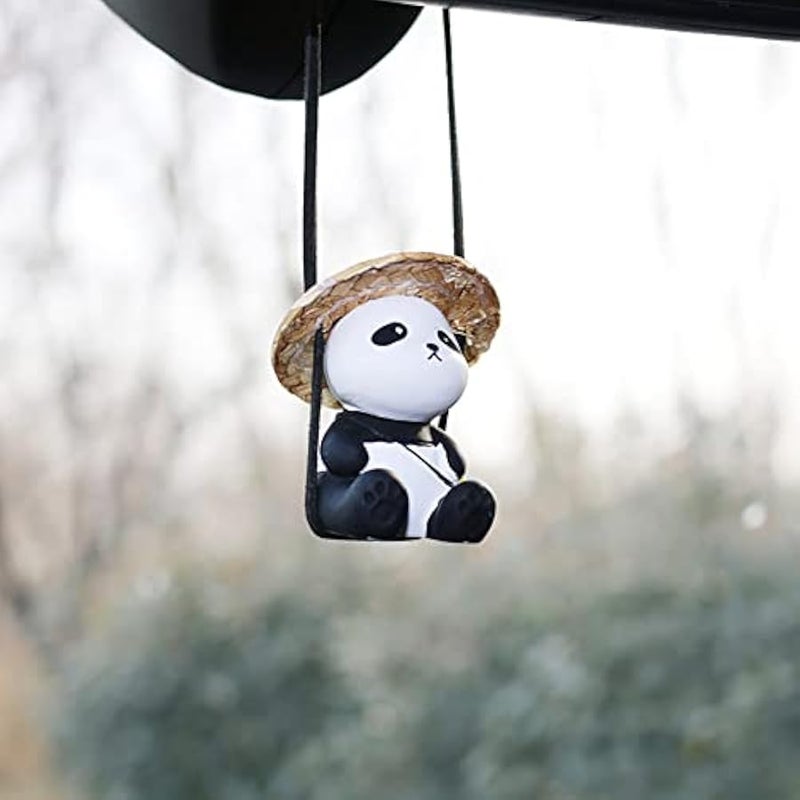 Cute Swinging Panda Car Mirror Hanging Accessories Fun Interior Rearview Mirrors Decorations (Hat Panda) - Image 2