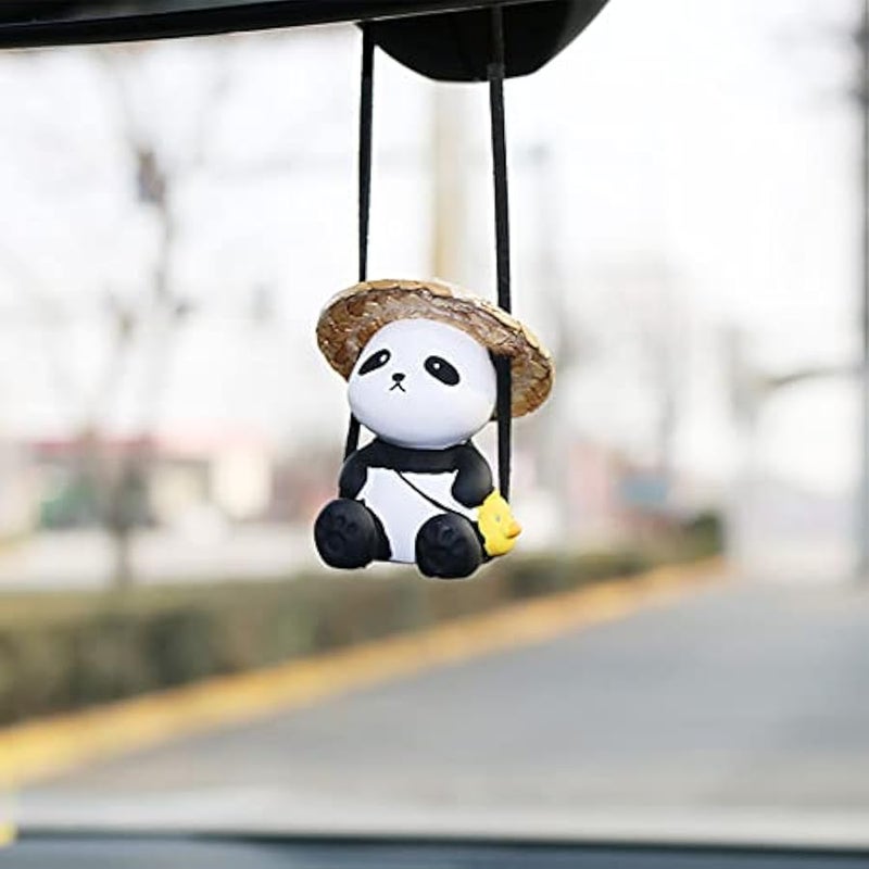 Cute Swinging Panda Car Mirror Hanging Accessories Fun Interior Rearview Mirrors Decorations (Hat Panda) - Image 1