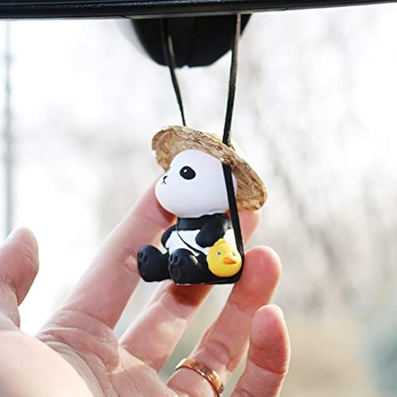 Cute Swinging Panda Car Mirror Hanging Accessories Fun Interior Rearview Mirrors Decorations (Hat Panda) - Image 3