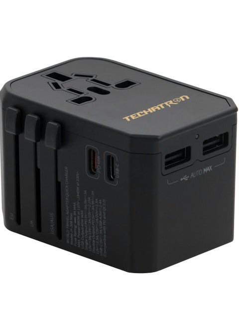 45W GAN Charger 5-in-1 Universal Travel Adapter (Type C/G/A/I) for US/AU/UK/EU | 2 USB-A, 2 USB-C, 1 AC Socket | European Travel Plug Adapter | International Power Adapter | Black